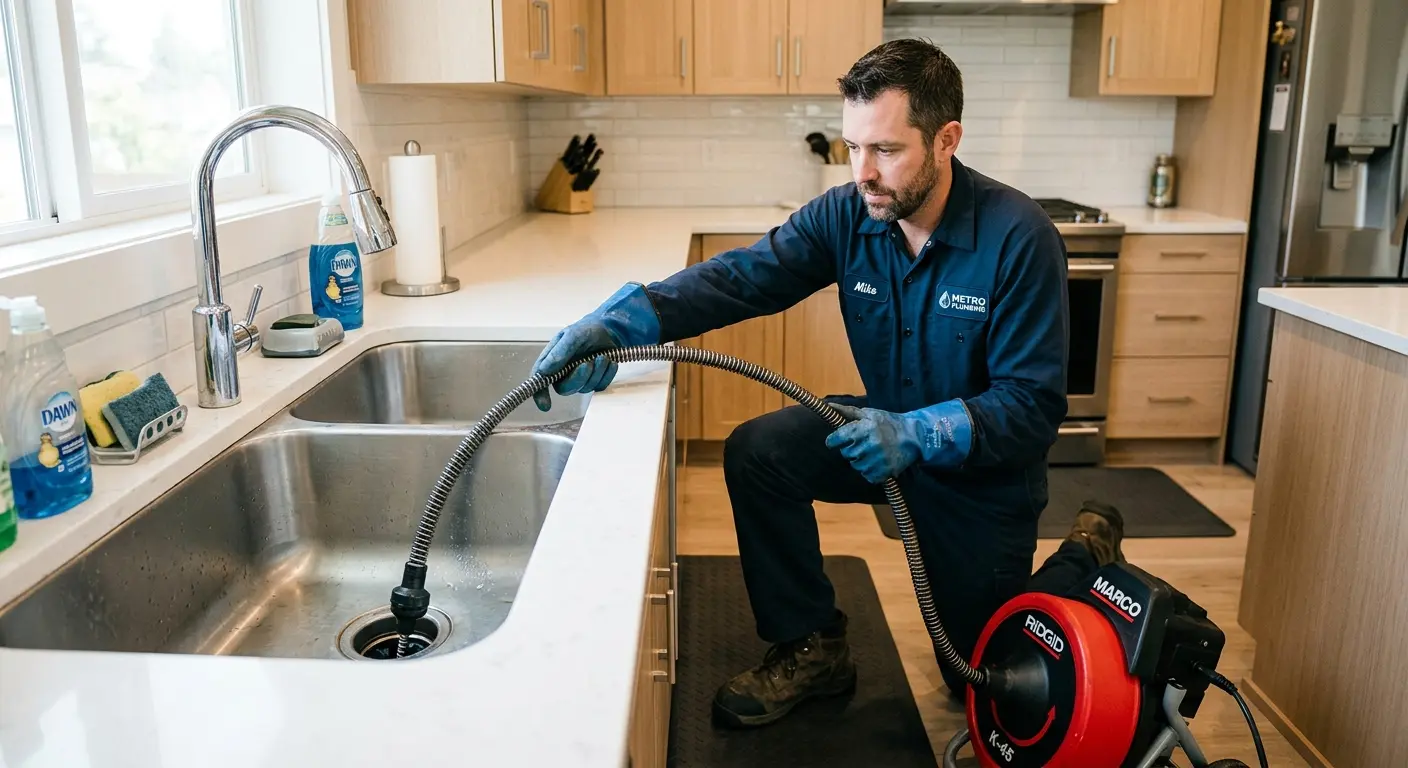 Drain cleaning technician using a motorized snake on a kitchen sink in Osprey