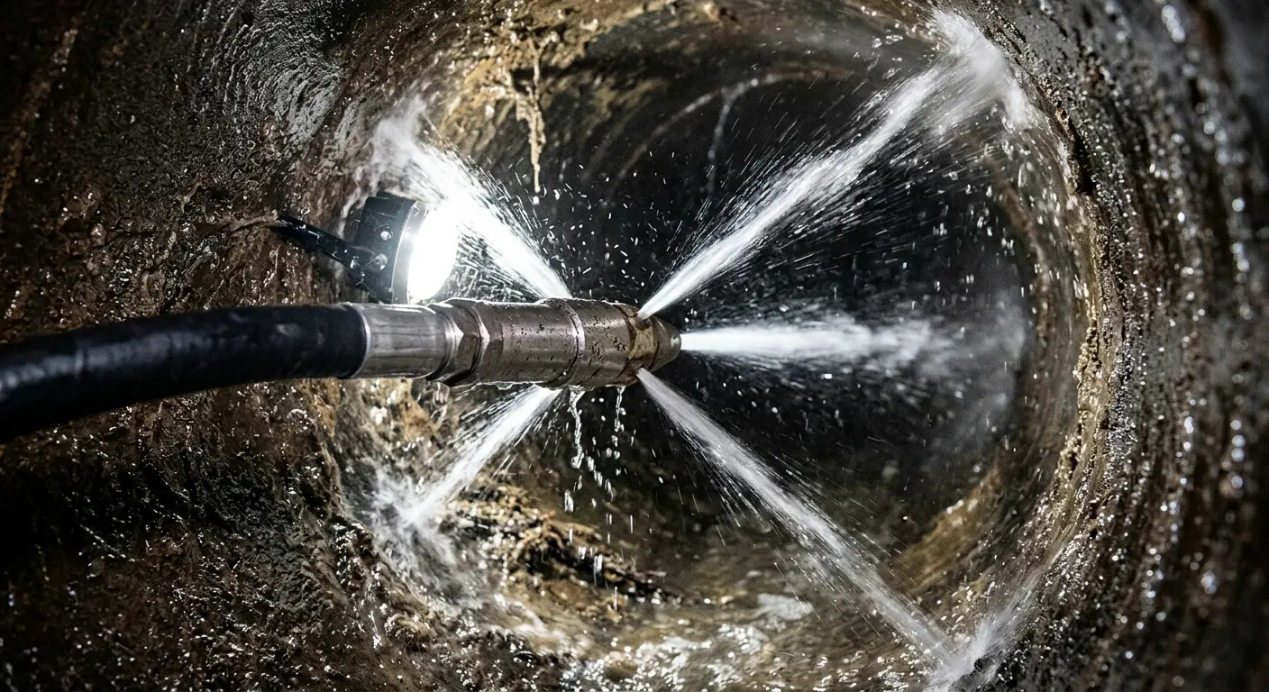 High-pressure hydro jetting nozzle cleaning sewer pipe for Emergency Drain Service in Osprey