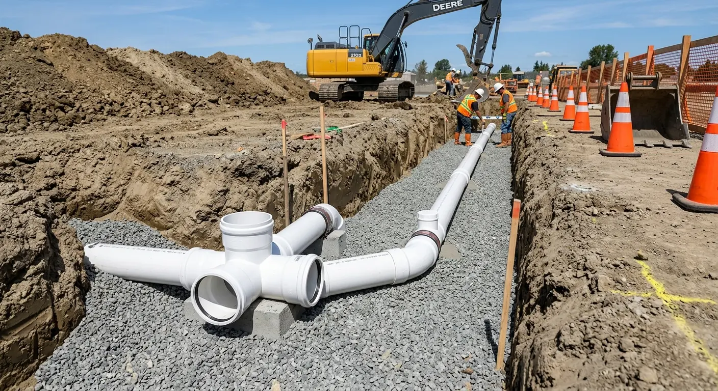 New PVC sewer pipe installation in open trench for Sewer Backup in Osprey