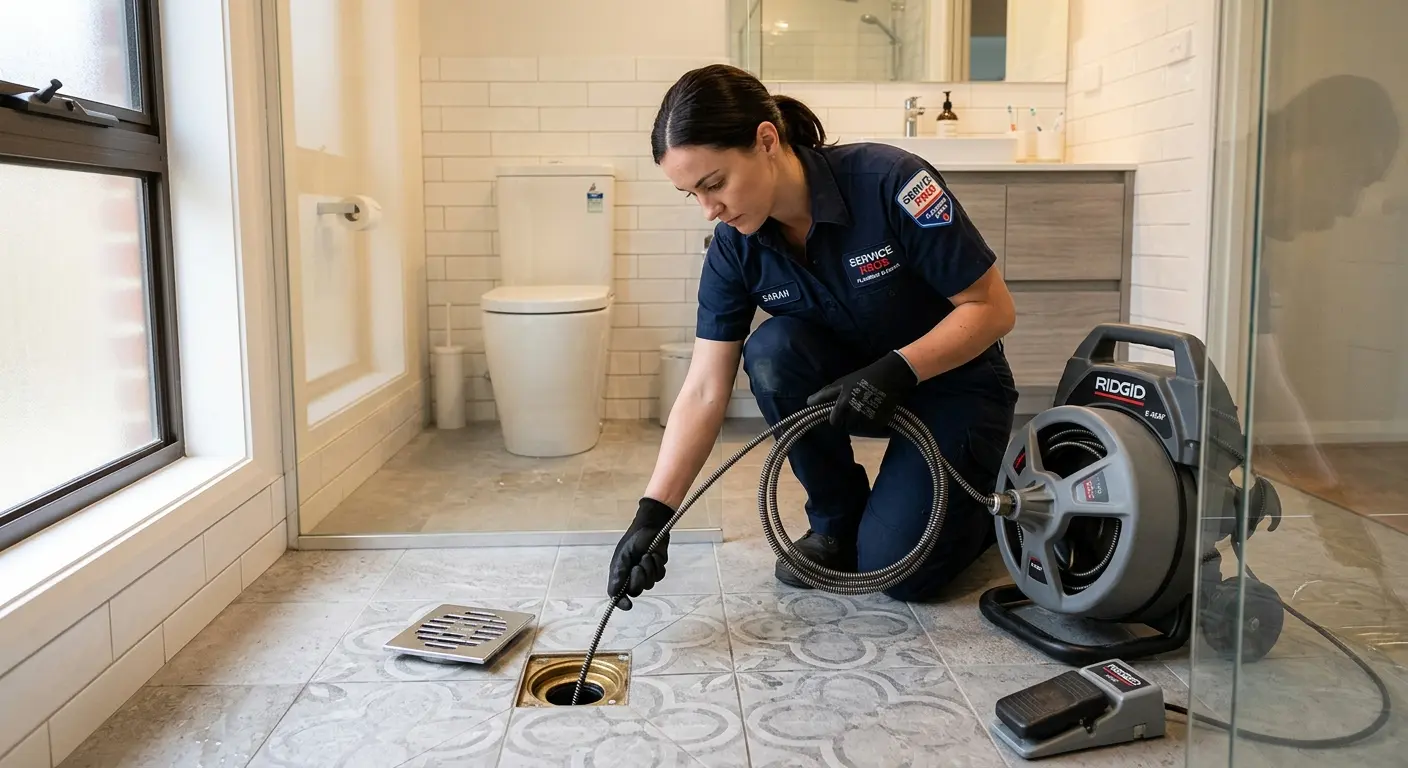 Technician clearing a bathroom floor drain for Sewer Line Installation in Osprey